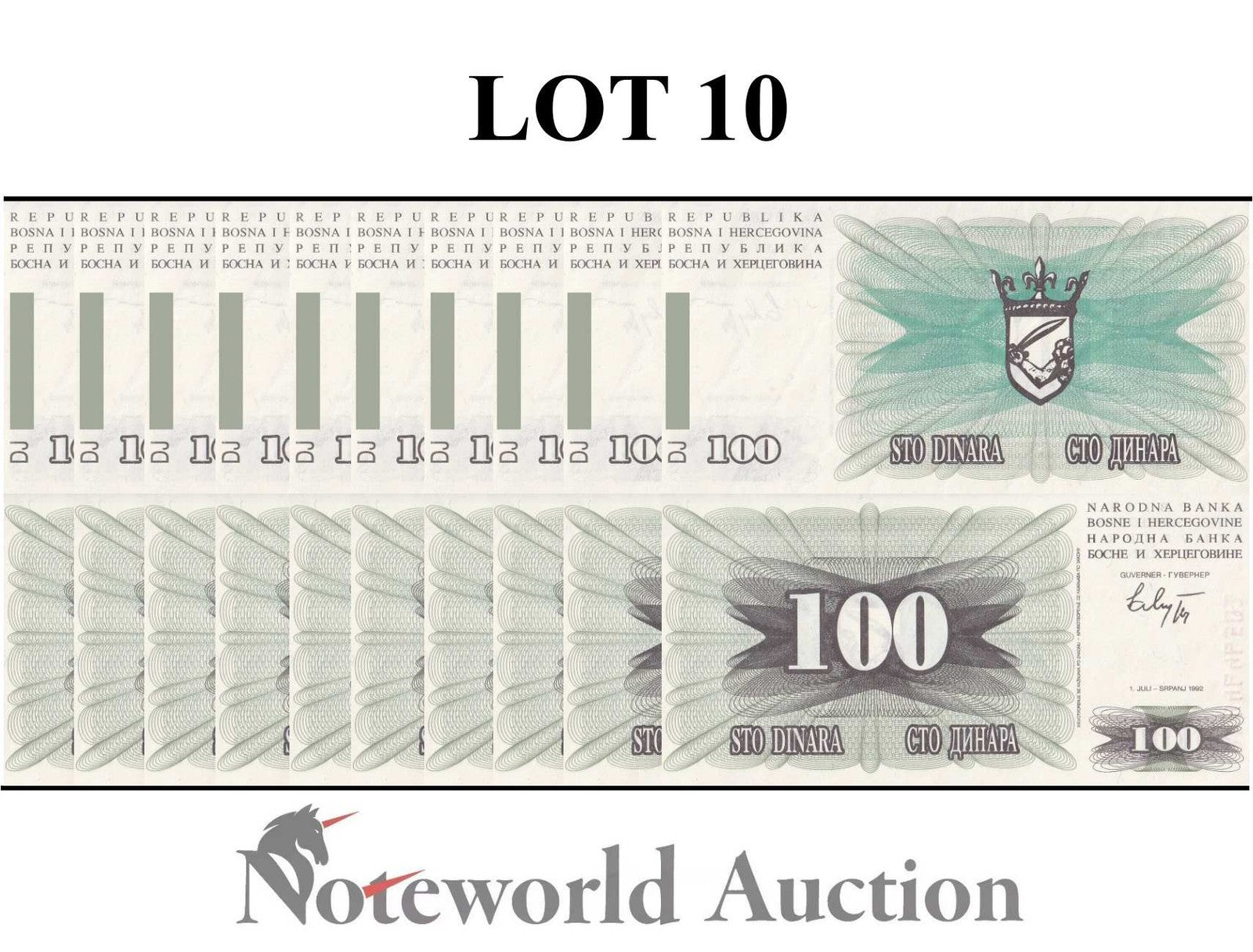 BOSNIA HERZEGOVINA 100 Dinara 1992 P 13 Lot 10 pcs 1/10 Bundle UNC