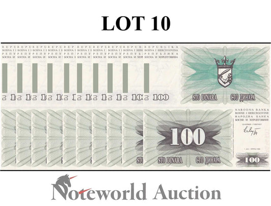 BOSNIA HERZEGOVINA 100 Dinara 1992 P 13 Lot 10 pcs 1/10 Bundle UNC