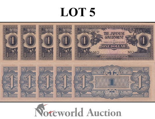 MAYAYA JAPANESE OCCUPATION WWII Lot 5 pcs - 1 Dollar ND 1942 P M5c FOXING UNC