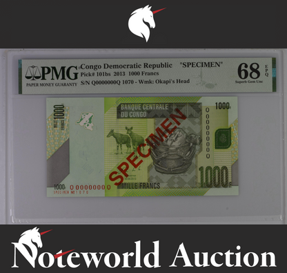 Congo SPECIMEN 1000 Francs 2013 P 101bs UNC PMG 68 EPQ 2nd TOP POP