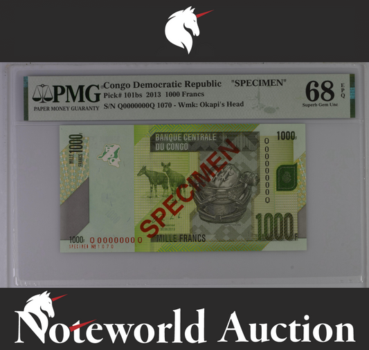 Congo SPECIMEN 1000 Francs 2013 P 101bs UNC PMG 68 EPQ 2nd TOP POP