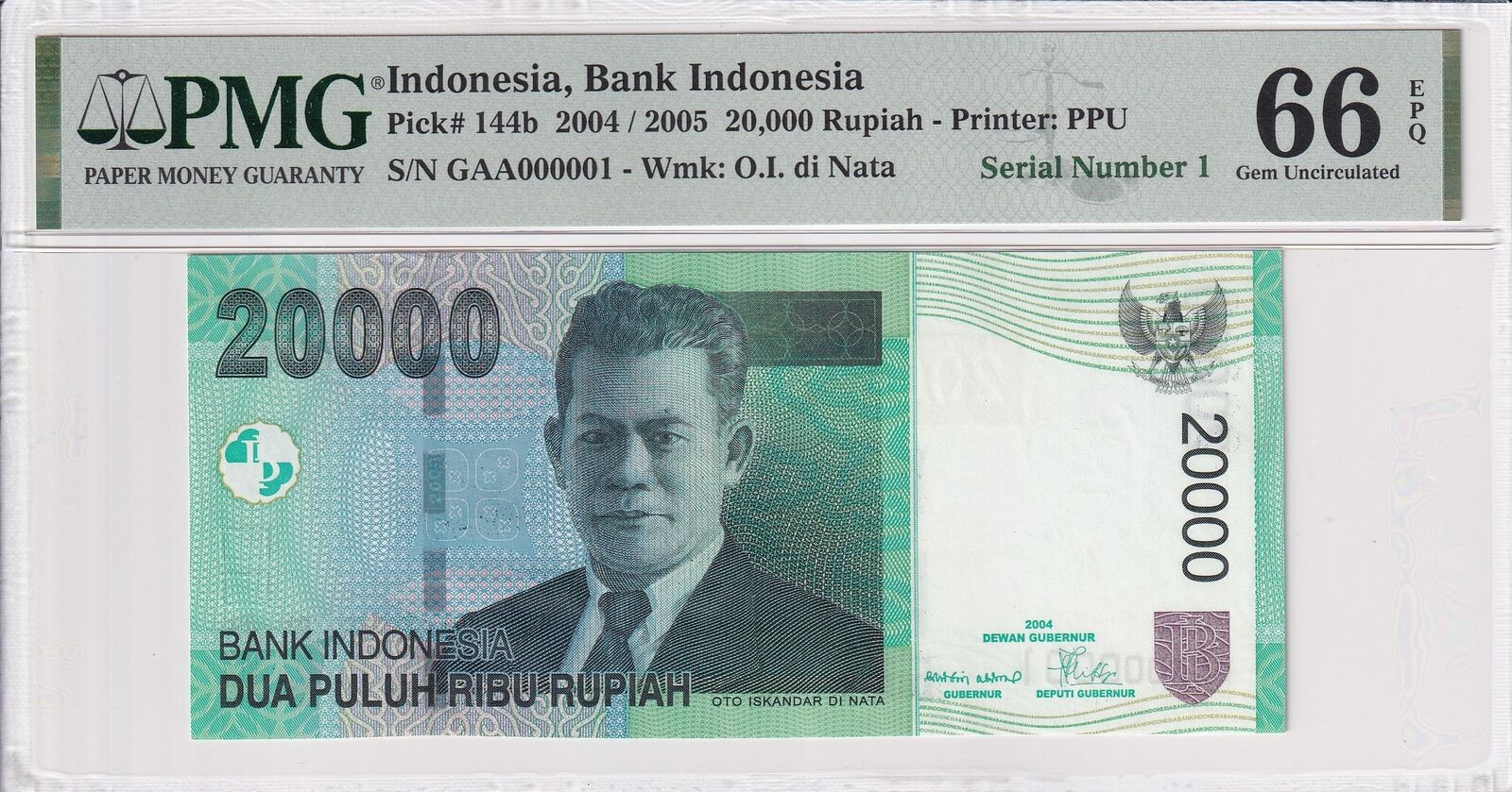 INDONESIA 20000 Rupiah 2004/2005 P 144b Fancy Serial Number 1 UNC PMG 66 EPQ