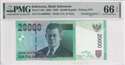 INDONESIA 20000 Rupiah 2004/2005 P 144b Fancy Serial Number 1 UNC PMG 66 EPQ