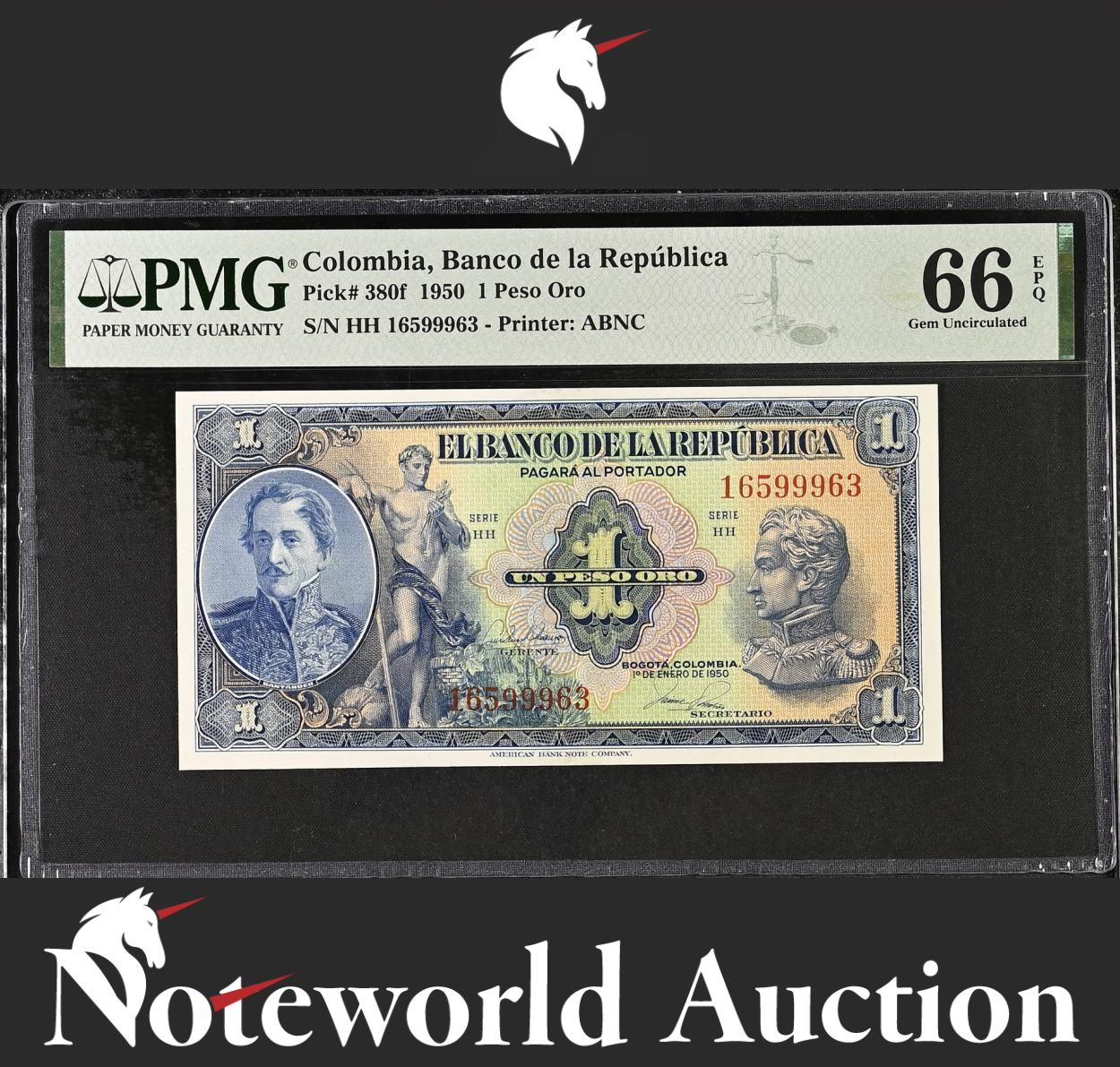 Colombia Banco de la República 1 Peso Oro 1950 P 380f UNC PMG 66 EPQ 2nd TOP POP