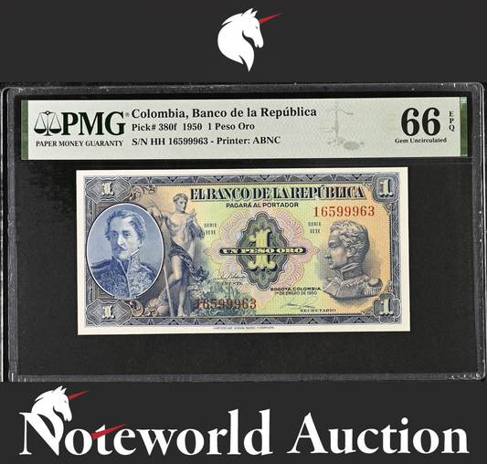 Colombia Banco de la República 1 Peso Oro 1950 P 380f UNC PMG 66 EPQ 2nd TOP POP