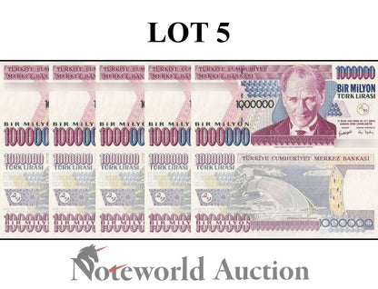 TURKEY Lot 5 pcs 1/20 Bundle - 1000000 1 Million Lira 1970 (2002) P 213 UNC