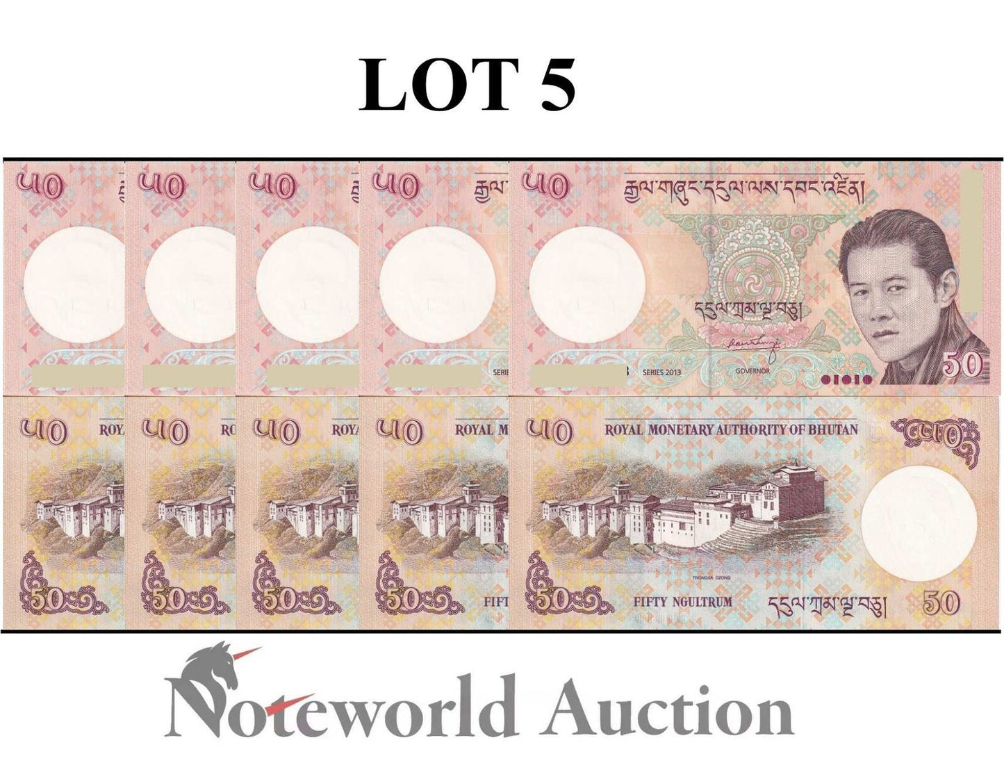 BHUTAN Lot 5 pcs 1/20 Bundle - 50 Ngultrum 2013 P 31b UNC