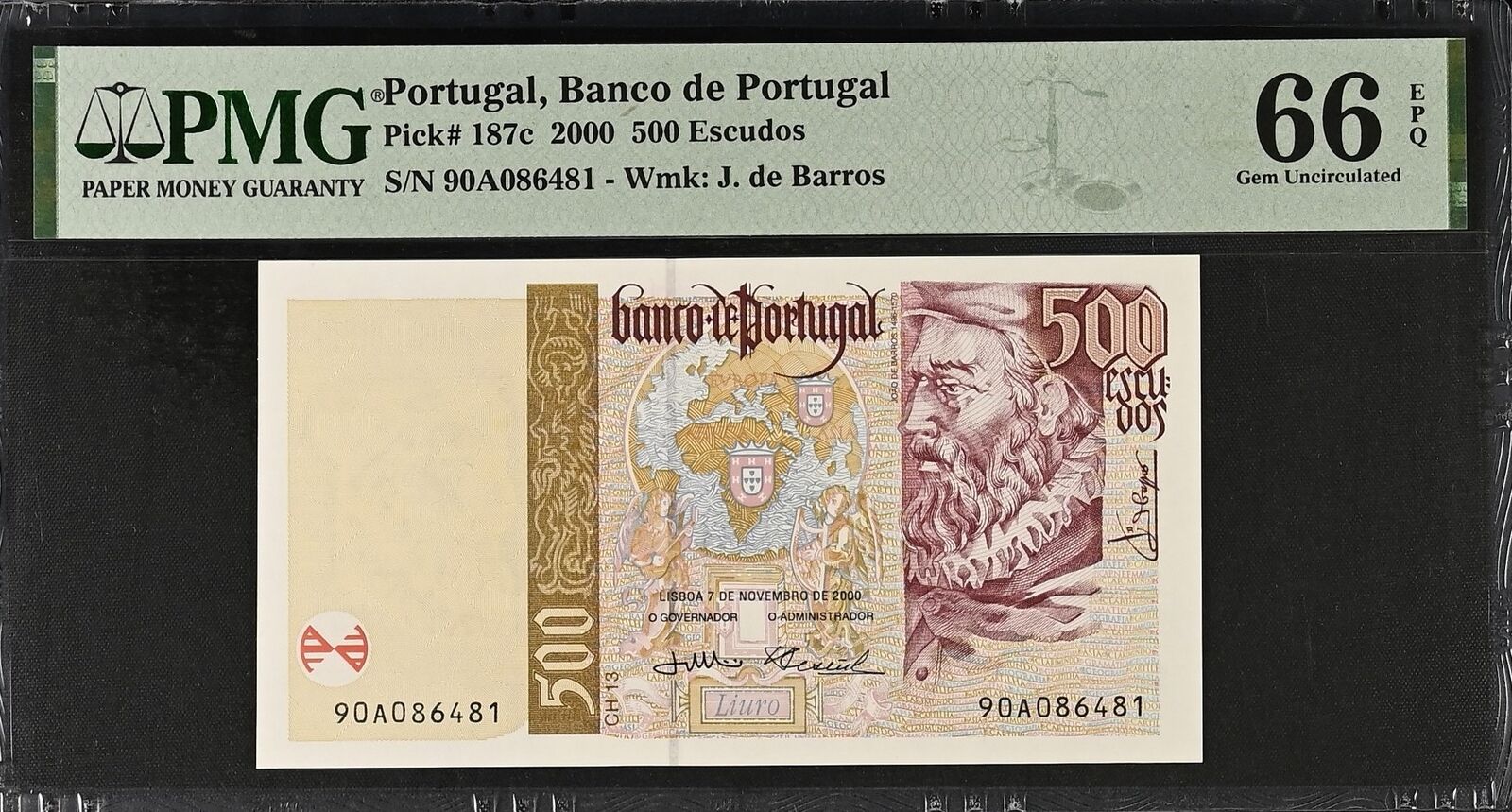 PORTUGAL 500 Escudos 2000 P 187c UNC PMG 66 EPQ