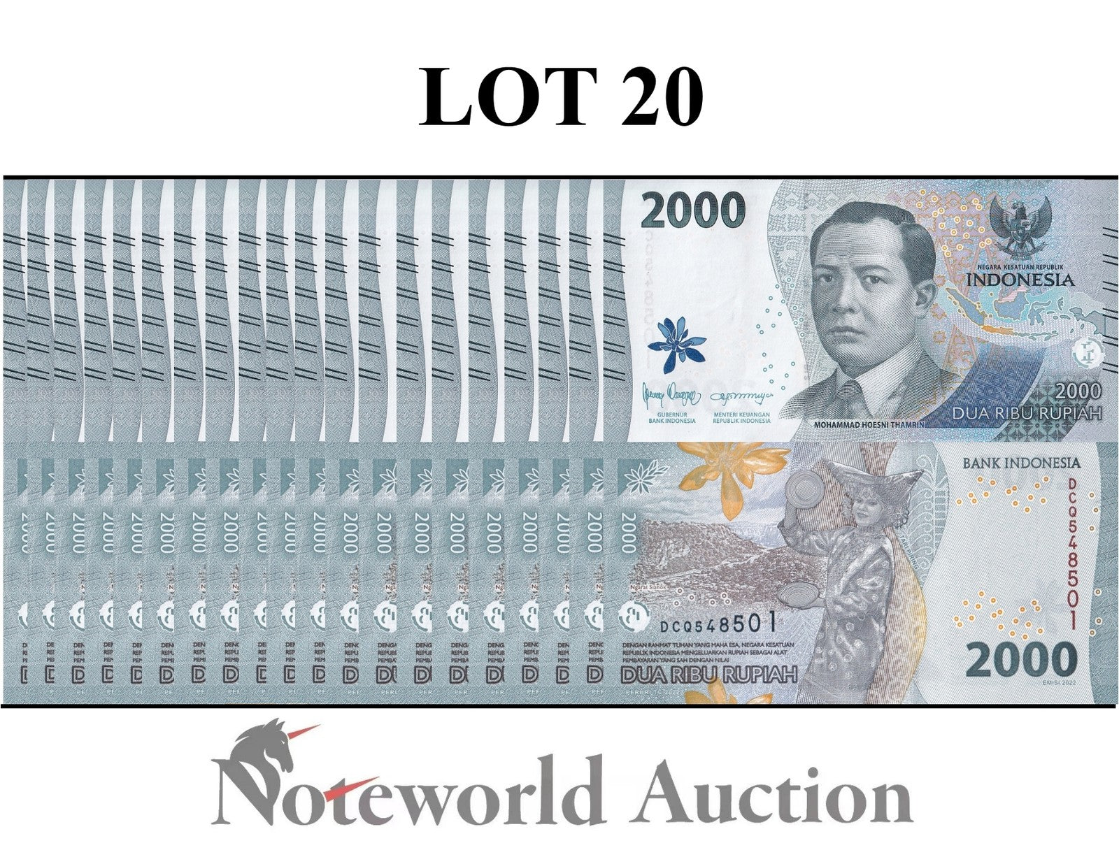 INDONESIA 2000 Rupiah 2022 P 163 New design New family Lot 20 p 1/5 Bundle UNC