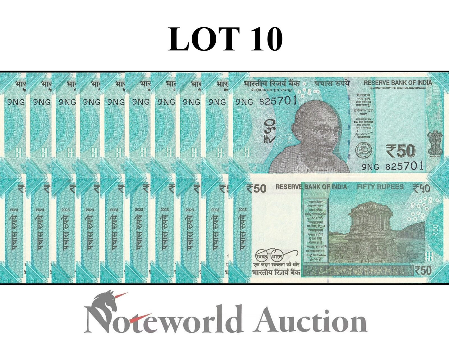 INDIA Lot 10 pcs 1/10 Bundle - 50 Rupees 2023 P 111 UNC