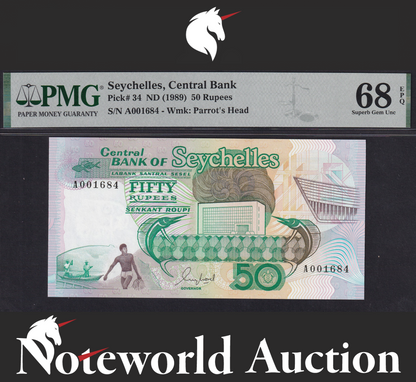 Seychelles Central Bank 50 Rupees ND (1989) P 34 UNC PMG 68 EPQ TOP POP