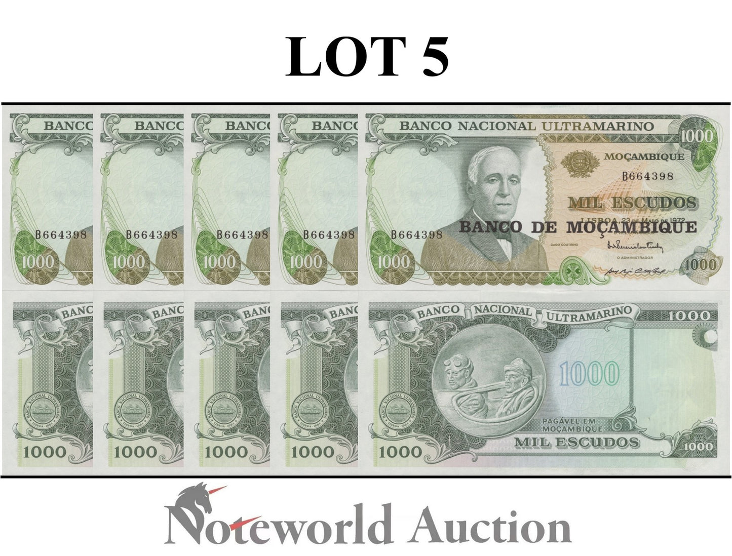 MOZAMBIQUE 1000 Escudos 1972 (1976) P 119 Lot 5 pcs 1/20 Bundle UNC