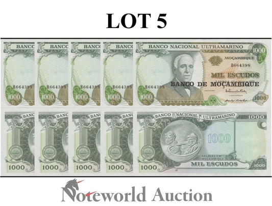 MOZAMBIQUE 1000 Escudos 1972 (1976) P 119 Lot 5 pcs 1/20 Bundle UNC