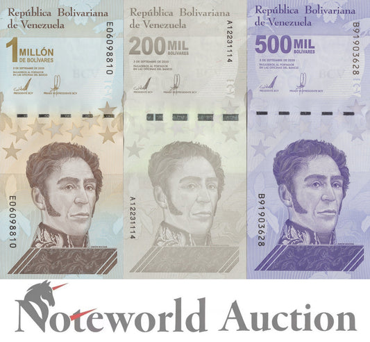 VENEZUELA 200000 500000 1 Million Bolivares 2020 P 112 113 114 Set 3 pcs UNC
