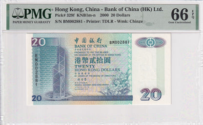 HONG KONG BOC 20 Dollars 2000 P 329f No.2881 UNC PMG 66 EPQ