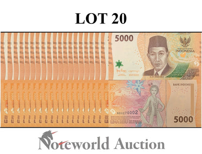 INDONESIA Lot 20 pcs 1/5 Bundle - 5000 Rupiah 2022/2023 P 164 UNC