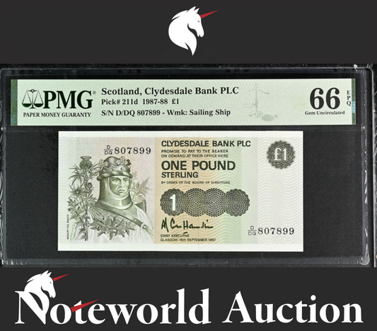 Scotland Clydesdale Bank PLC 1 Pound 1987-88 P 211d UNC PMG 66 EPQ 3rd TOP POP