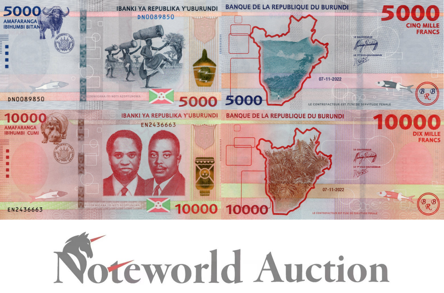 BURUNDI Set 2 pcs - 5000 10000 Francs 2022/2023 P 58 59 Modified Colors UNC