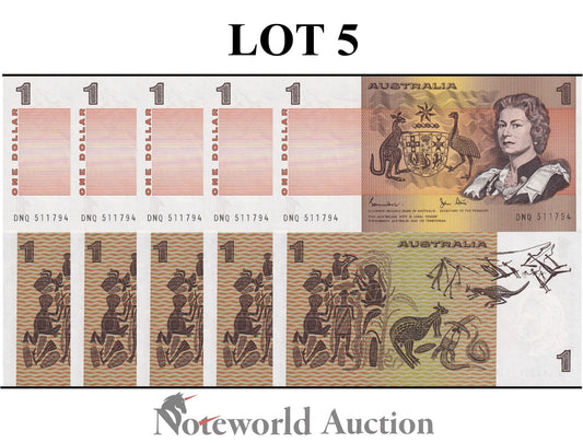 AUSTRALIA 1 Dollars 1974-1983 P 42 QEll Random Sign Lot 5 pcs 1/20 Bundle UNC