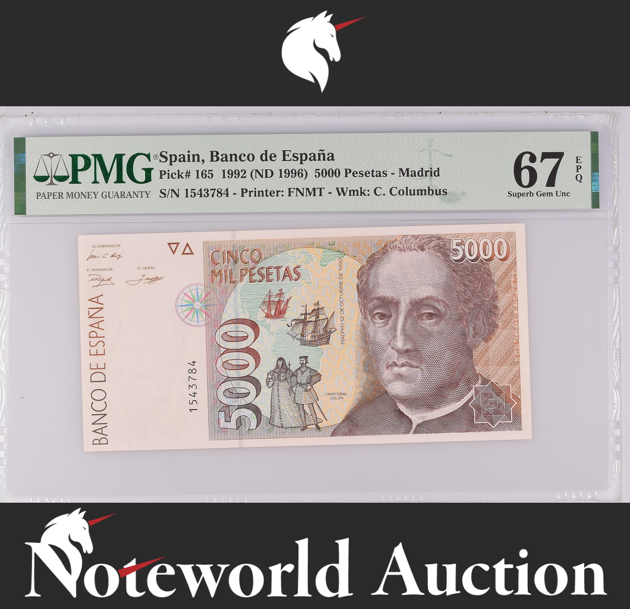 Spain 5000 Pesetas 1992 (ND 1996) P 165 UNC PMG 66 EPQ NR 2nd TOP POP
