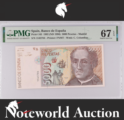 Spain 5000 Pesetas 1992 (ND 1996) P 165 UNC PMG 66 EPQ NR 2nd TOP POP