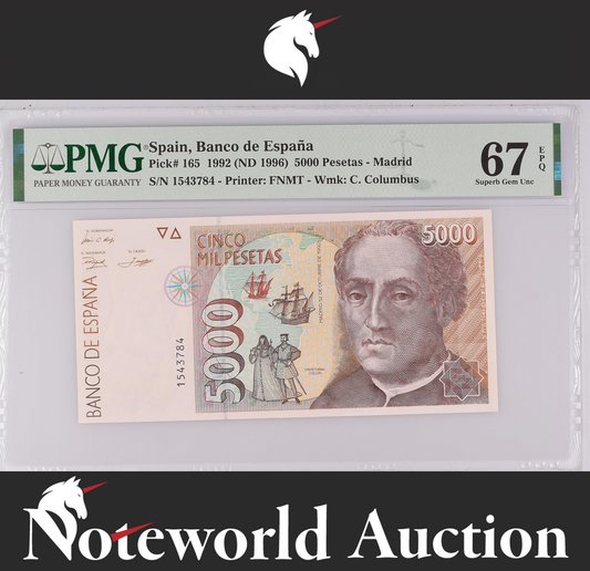 Spain 5000 Pesetas 1992 (ND 1996) P 165 UNC PMG 66 EPQ NR 2nd TOP POP