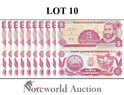 NICARAGUA Lot 10 pcs 1/10 Bundle -  5 Centavos de Cordoba ND 1991 P 168 UNC