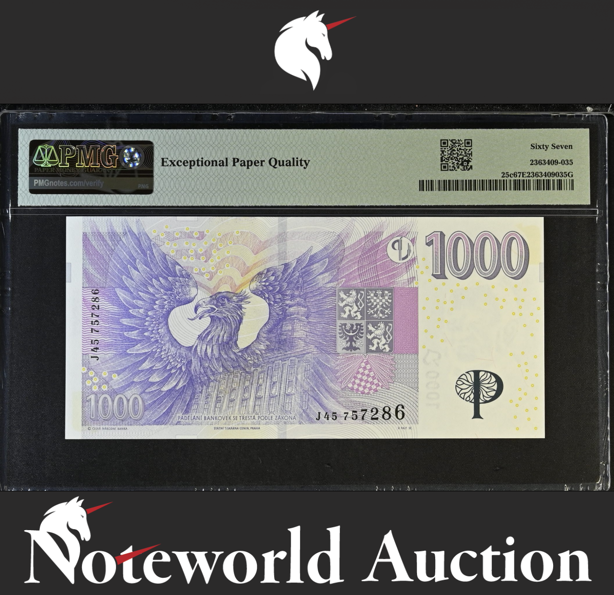 Czech Republic National Bank 1000 Korun 2008 P 25c UNC PMG 67 EPQ 2nd TOP POP