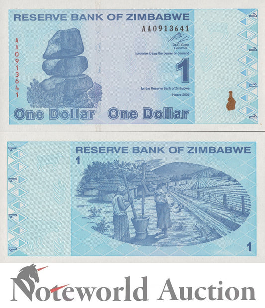 ZIMBABWE 1 Dollar 2009 P 92 First Prefix AA UNC