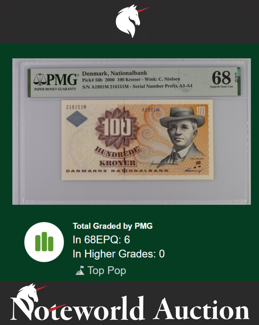 Denmark 100 Kroner 1999 P 56a Prefix A0-A2 UNC PMG 68 EPQ TOP POP