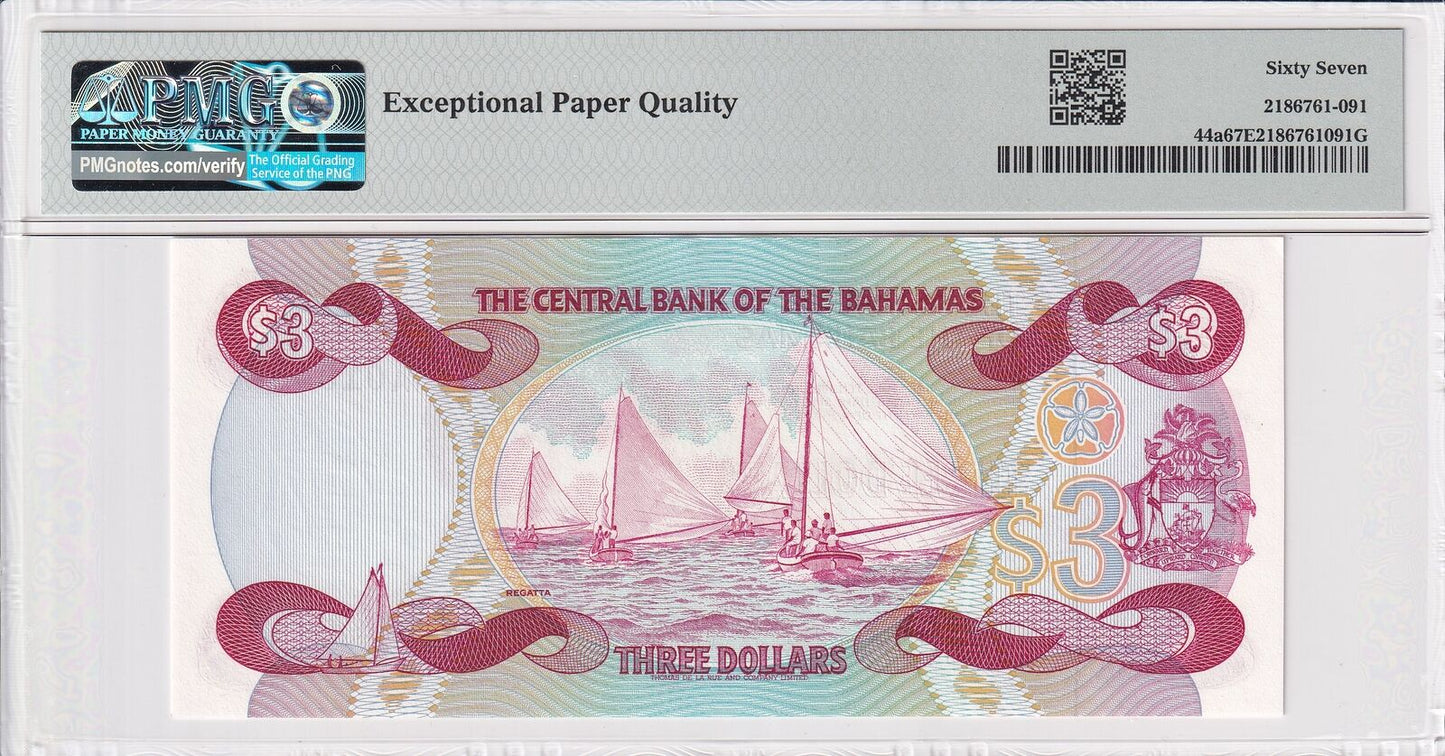 BAHAMAS 3 Dollars (1974)1984 P 44a UNC PMG 67 EPQ