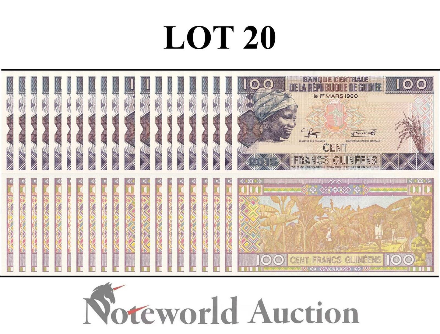 GUINEA Lot 20 pcs 1/20 Bundle - 100 Francs 2015 P A47 UNC