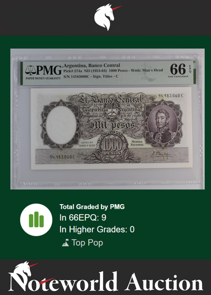 Argentina Banco Central 1000 Pesos ND (1954-64) P 274a UNC PMG 66 EPQ