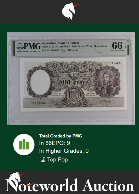 Argentina Banco Central 1000 Pesos ND (1954-64) P 274a UNC PMG 66 EPQ