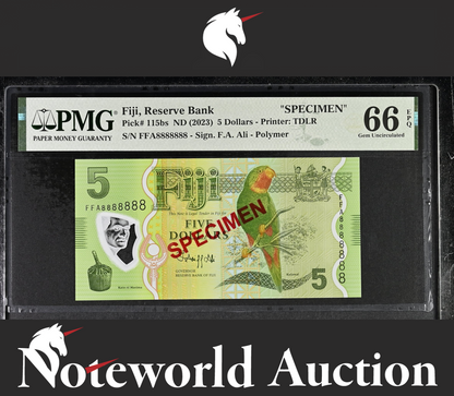Fiji 5 Dollars 2023 P 115bs Polymer SPECIMEN SOLID 8 UNC PMG 66 EPQ 3rd TOP POP