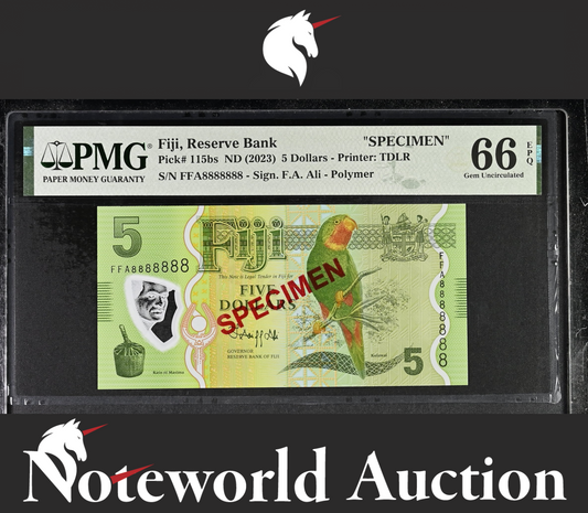 Fiji 5 Dollars 2023 P 115bs Polymer SPECIMEN SOLID 8 UNC PMG 66 EPQ 3rd TOP POP