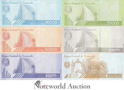 VENEZUELA Set 6 pcs - 10000 20000 50k-500k 1 Million 2019-2020 P 109-114 UNC