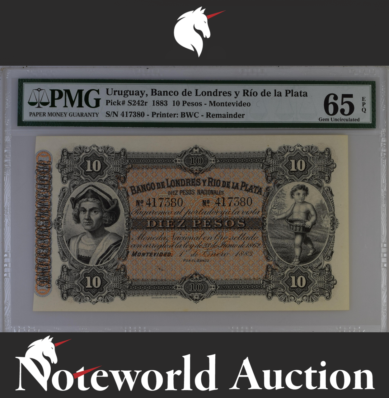 Uruguay 10 Pesos 1883 P S242r Remainder Montevideo UNC PMG 65 EPQ