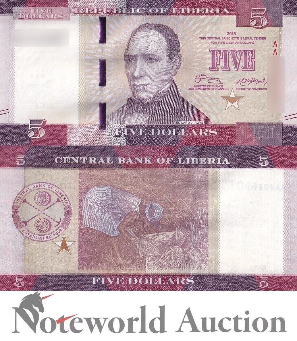 LIBERIA Lot 10 pcs 1/10 Bundle - 5 Dllars 2016 P 31a AA First Prefix UNC