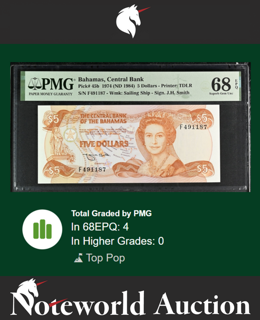 Bahamas Central Bank 5 Dollars 1974 (ND 1984) P 45b UNC PMG 68 EPQ TOP POP