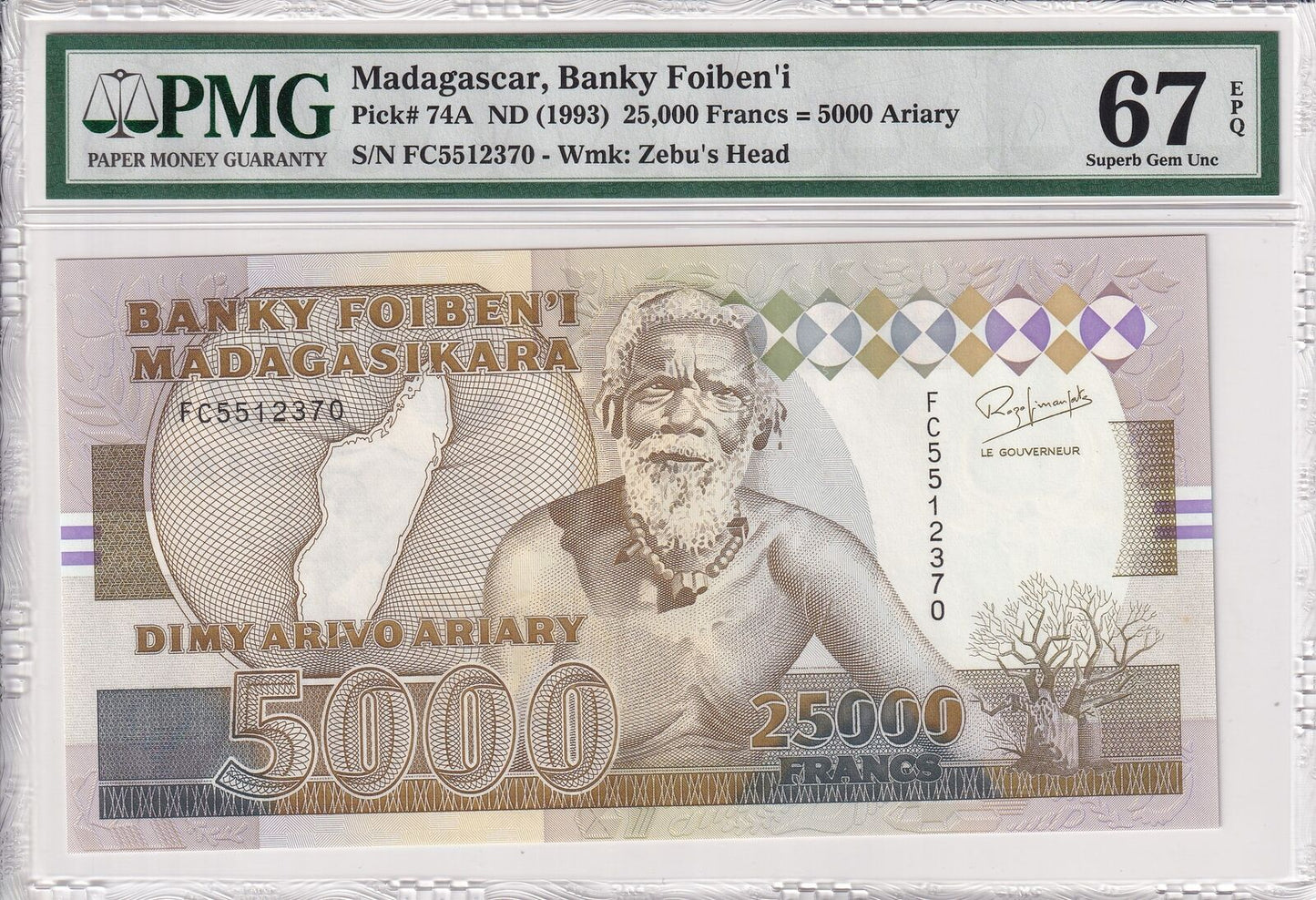 MADAGASCAR 25000 Francs 5000 Ariary 1993 P 74A UNC PMG 67 EPQ