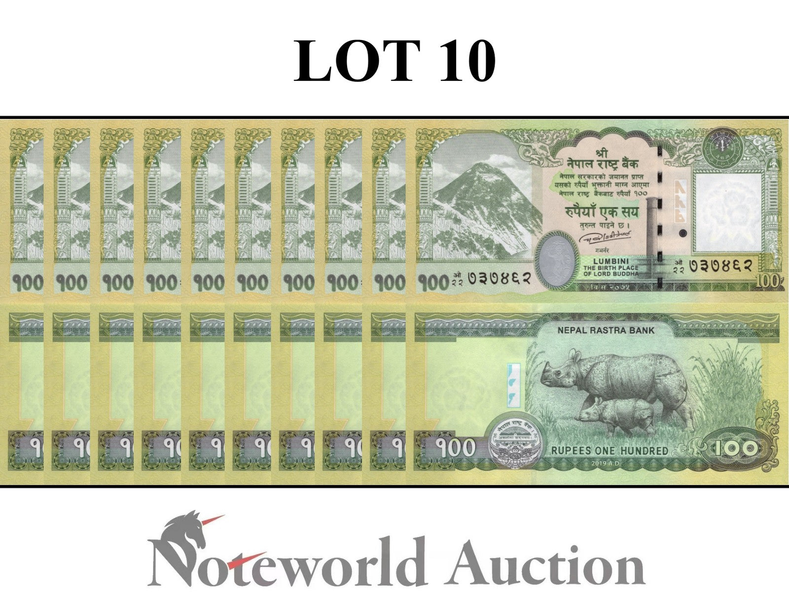 NEPAL 100 Rupees 2019 P 80 Rhinoceros Lot 10 pcs 1/10 Bundle UNC