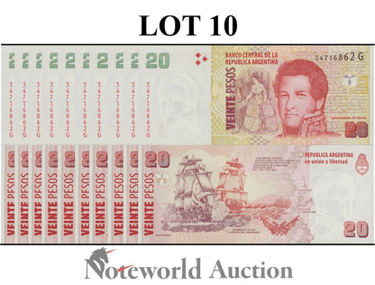 ARGENTINA 20 Pesos ND 2003 P 355c Lot 10 pcs 1/10 Bundle UNC