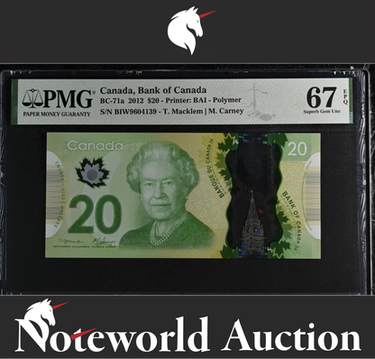 Canada Bank of Canada $20 2012 BC-71a Polymer UNC PMG 67 EPQ 3rd TOP POP