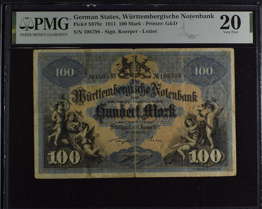 GERMANY GERMAN STATES 100 Mark 1911 P S979c VF PMG 20