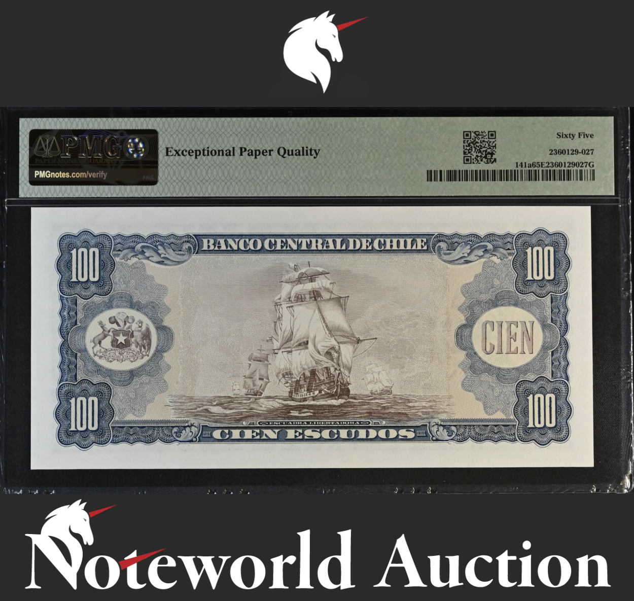 Chile Banco Central 100 Escudos ND (1962-75) P 141a UNC PMG 65 EPQ 3rd TOP POP