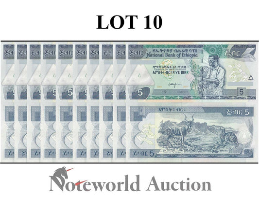 ETHIOPIA Lot 10 pcs 1/10 Bundle - 5 Birr 2009/2017 P 47h UNC