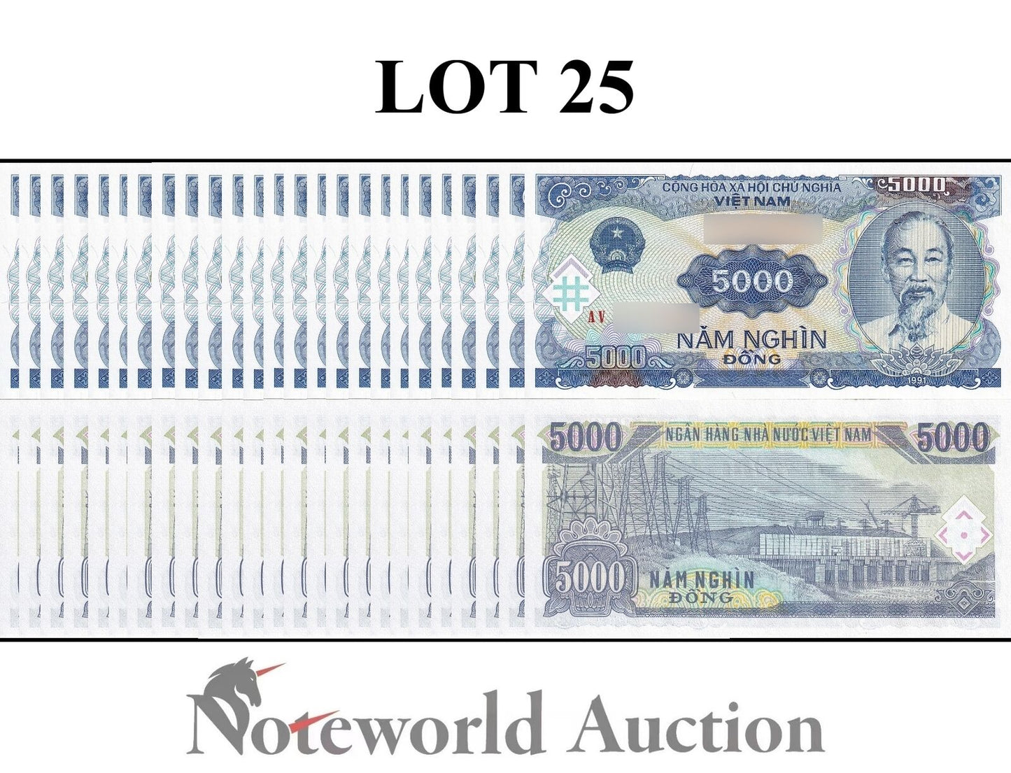 VIET NAM VIETNAM Lot 25 pcs 1/4 Bundle - 5000 Dong 1991 P 108 UNC