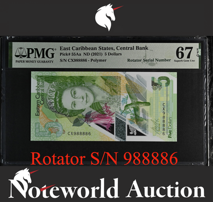 East Caribbean States 5 2021 P 55Aa Polymer Rotator S/N 988886 UNC PMG 67 EPQ