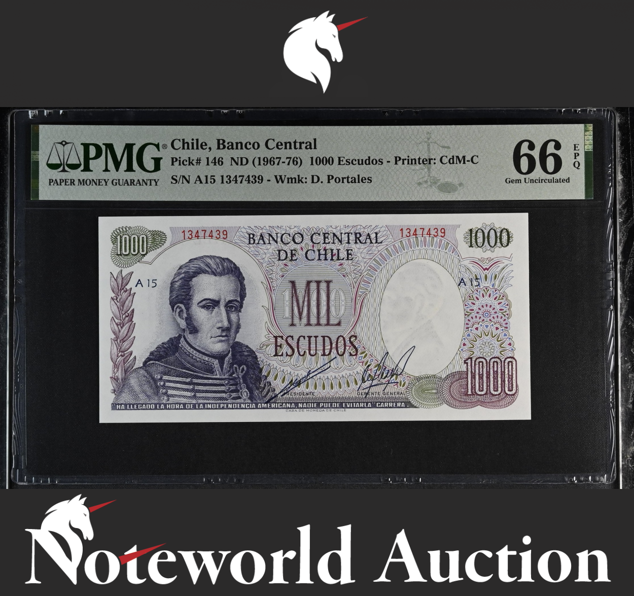 Chile Banco Central 1000 Escudos 1967-76 P 146 UNC PMG 66 EPQ 2nd TOP POP